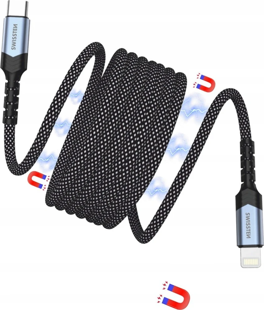 „Swissten“ magnetinis savaime apvyniojamas USB-C / „Lightning“ duomenų kabelis 1 m