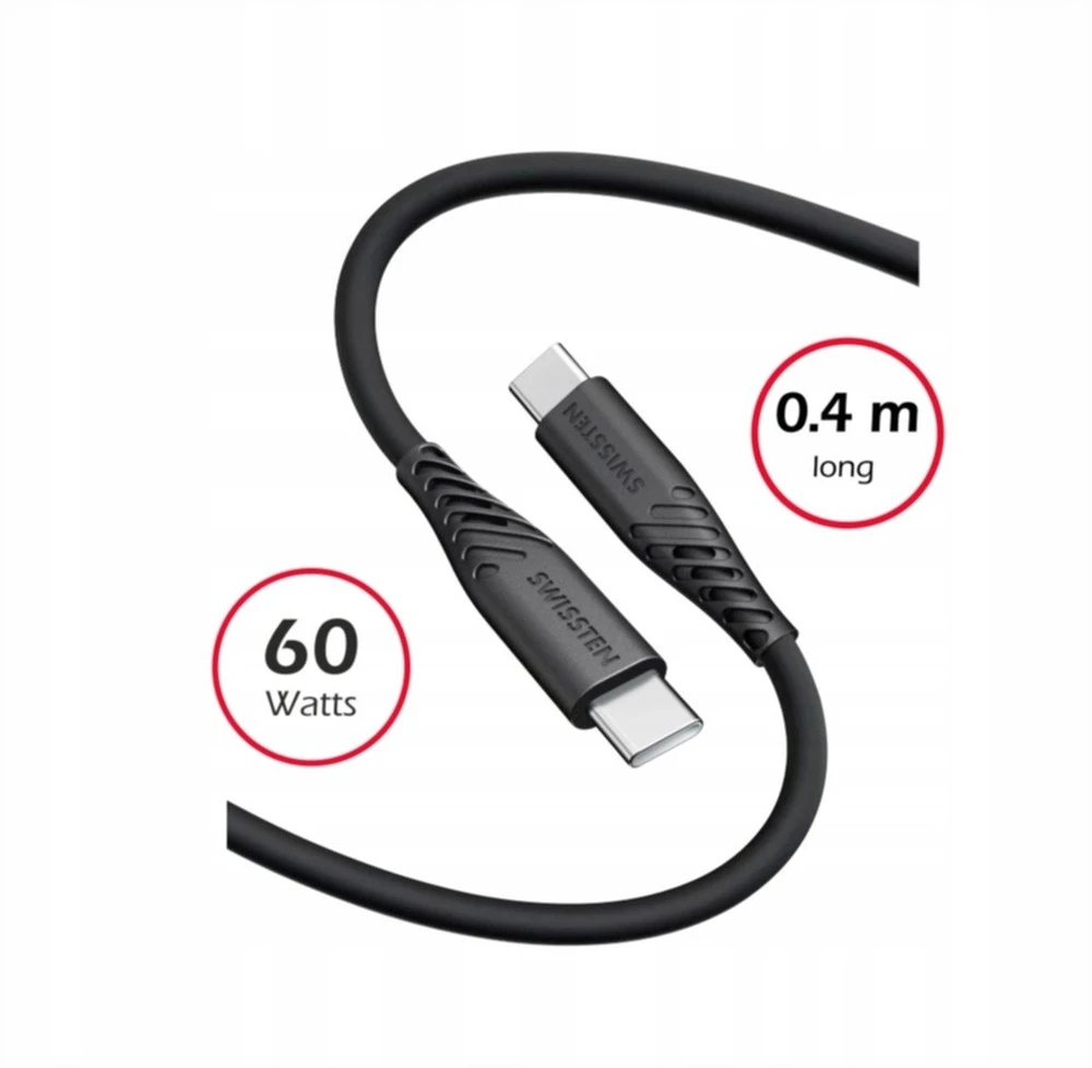 „Swissten“ minkštas silikoninis USB-C – USB-C 60W laidas, 0,4 m