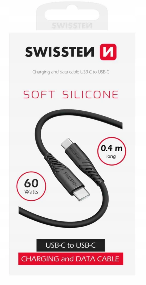 „Swissten“ minkštas silikoninis USB-C – USB-C 60W laidas, 0,4 m