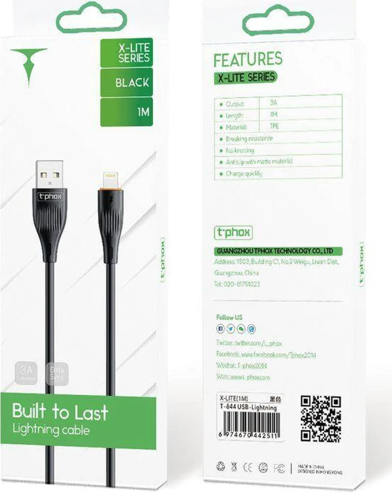 T-PHOX KABELIS X-LITE LIGHTNING Juodas 1M 3A