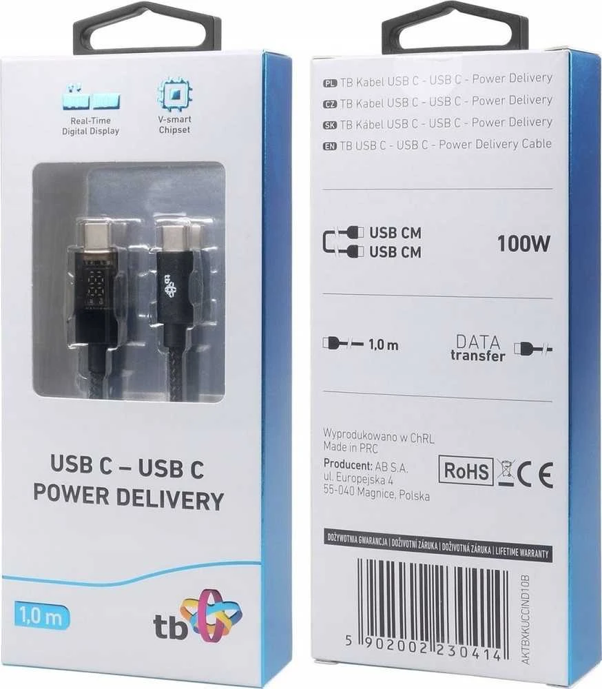 TB Kabelis USB C - USB C 1m su LED įkrovimo galios indikatoriumi (100 W)