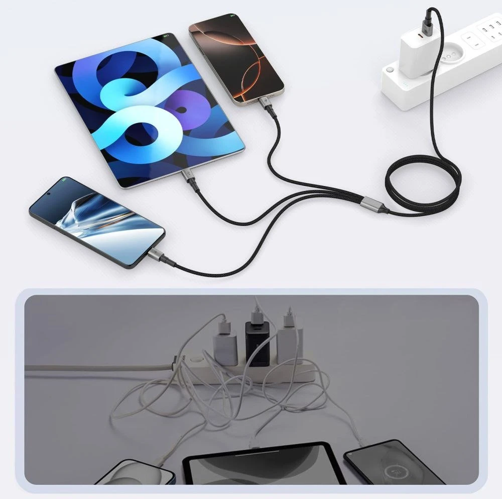 Tech-Protect UltraBoost DNA 3in1 USB-C / Micro-USB / Lightning kabelis 120 cm – pilkos spalvos