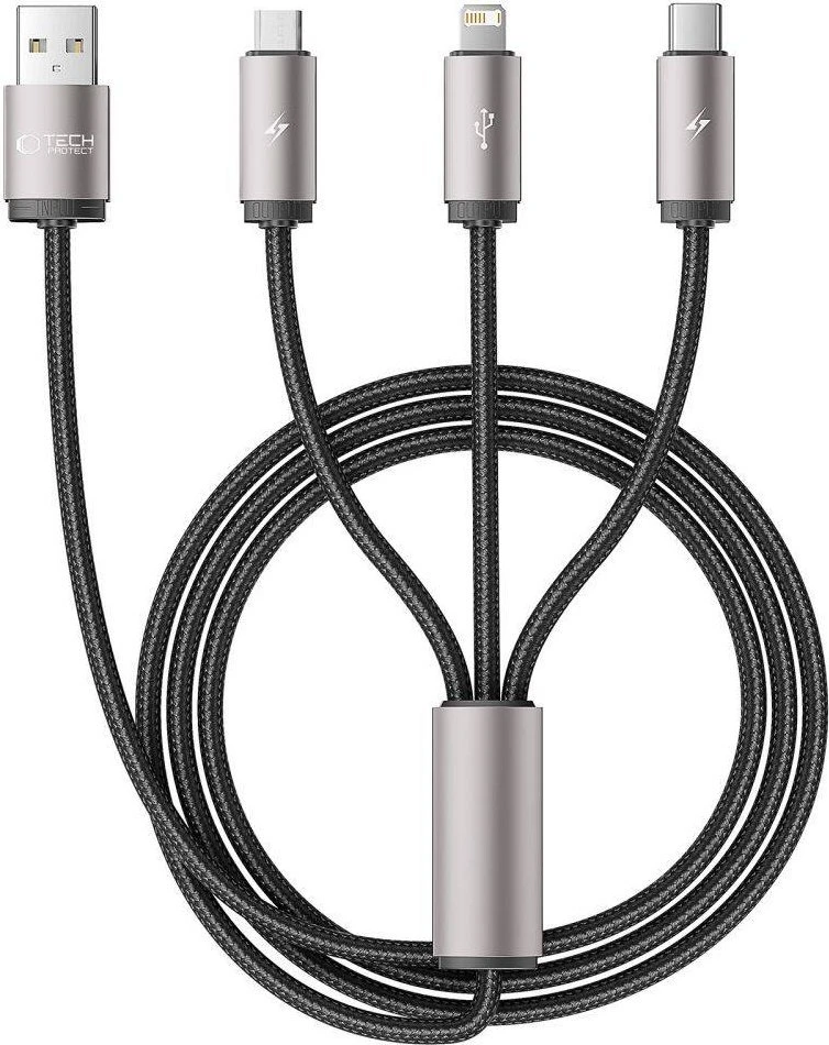 Kabelis 3in1 3.5A 1m USB – USB-C + Lightning + Micro USB Tech-Protect UltraBoost pilkos spalvos