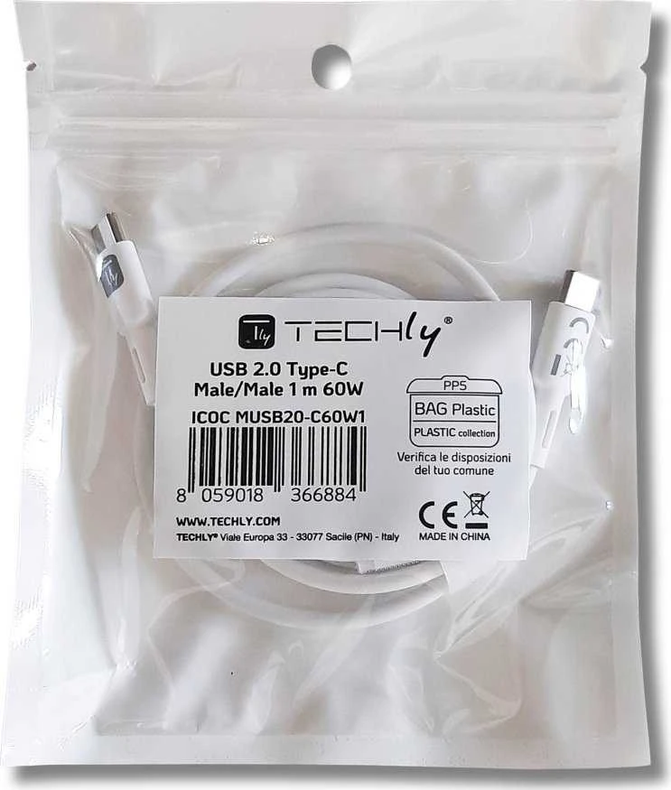 Laidas USB Techly USB-C - USB-C 1 m baltas (ICOC-MUSB20-C60W1)