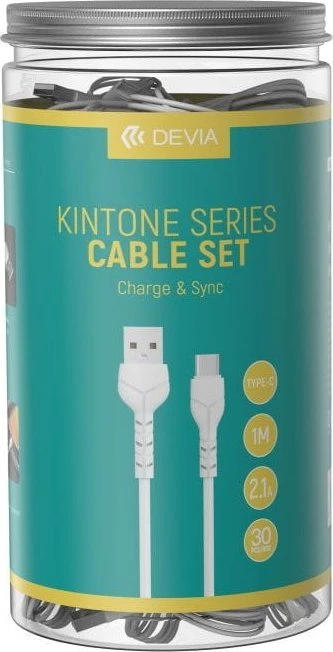 Devia laidas Kintone V2 EC305 USB – USB-C 1,0 m 2,1A baltas rinkinys 30 vnt.