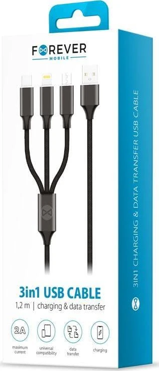 Forever 3in1 laidas USB – Lightning + USB-C + microUSB 1,2 m 2A juodas