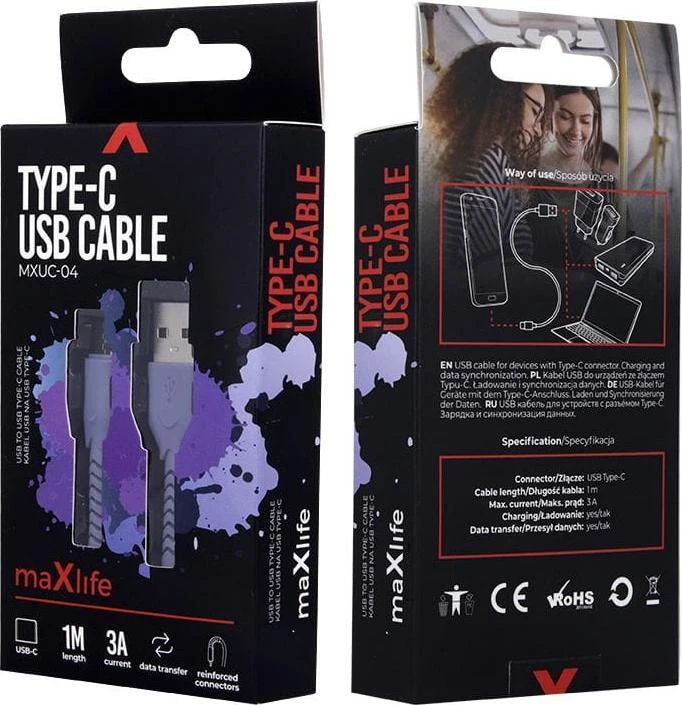 Maxlife MXUC-04 laidas USB – USB-C 1,0 m 3A violetinis