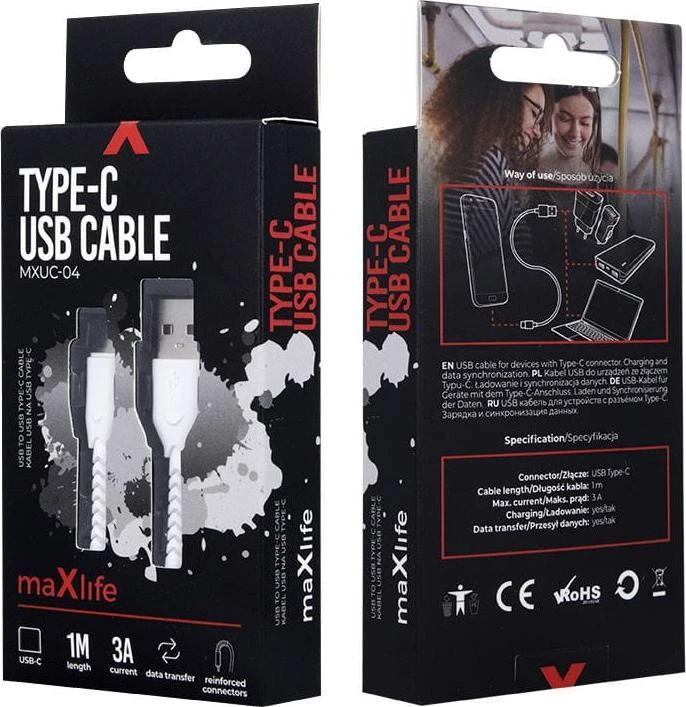 Maxlife MXUC-04 laidas USB – USB-C 1,0 m 3A baltas