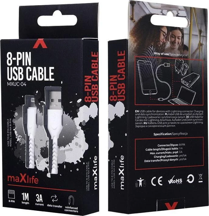 Maxlife MXUC-04 laidas USB – Lightning 1,0 m 3A baltas
