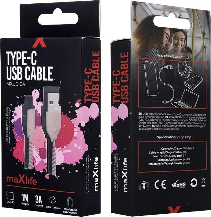 Maxlife MXUC-04 laidas USB – USB-C 1,0 m 3A rožinis