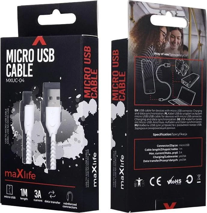 Maxlife MXUC-04 laidas USB – microUSB 1,0 m 3A baltas