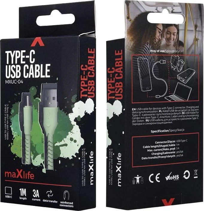 Maxlife MXUC-04 kabelis USB - USB-C 1,0 m 3A žalios spalvos