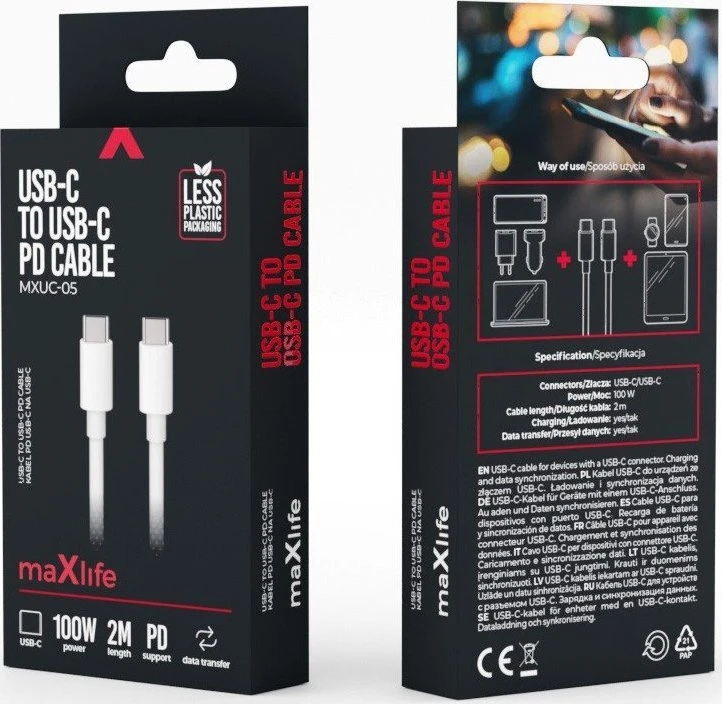 Maxlife MXUC-05 laidas USB-C – USB-C 2,0 m 100W baltas