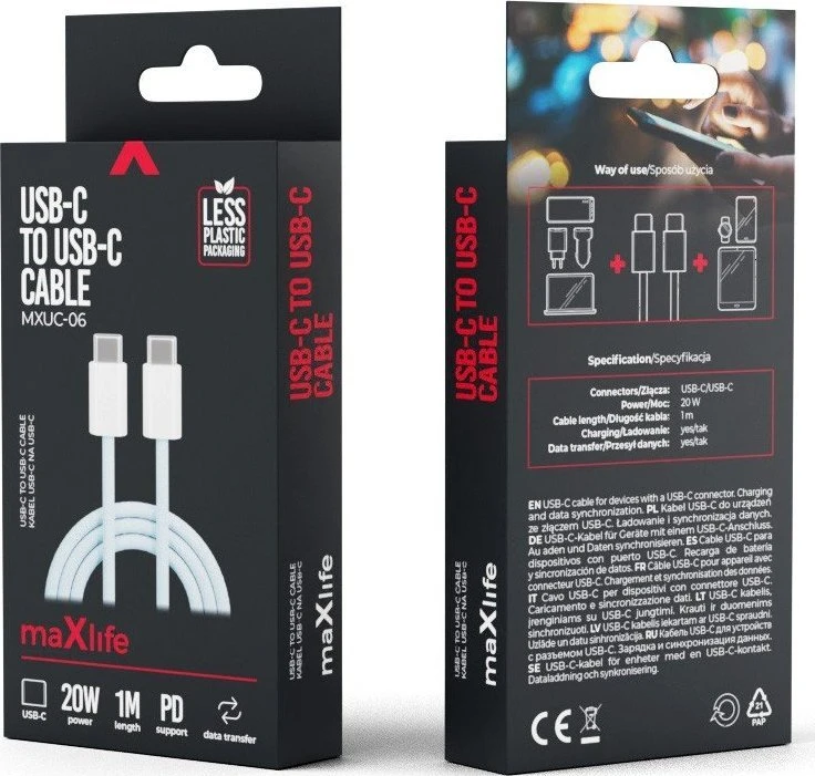 Maxlife MXUC-06 laidas USB-C – USB-C 1,0 m 20W mėlynas nailoninis