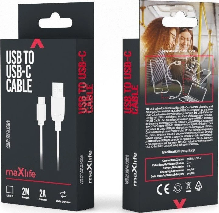 Maxlife laidas USB – USB-C 2,0 m 2A baltas