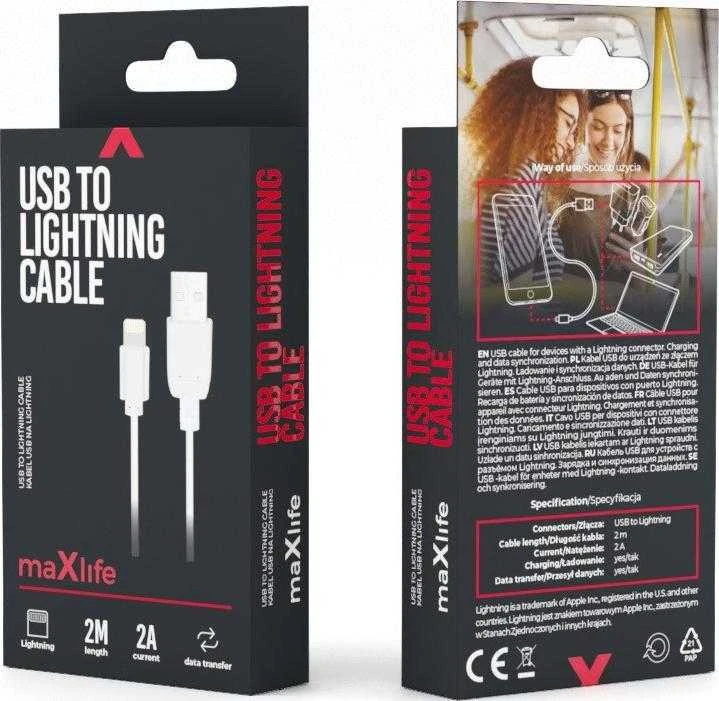 „Maxlife“ laidas USB – „Lightning“ 2,0 m 2A baltas