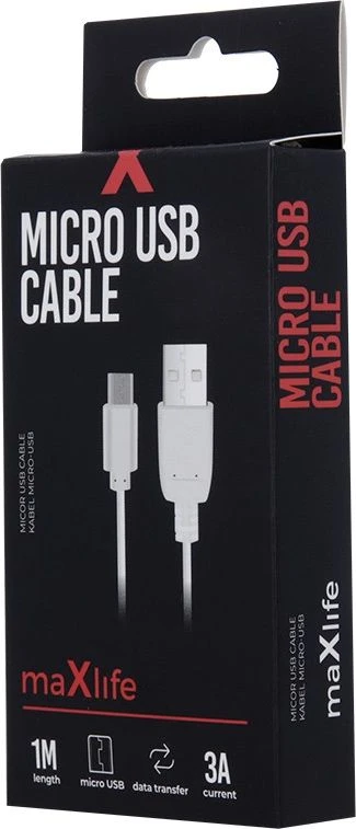 Maxlife laidas USB – microUSB 1,0 m 3A baltas
