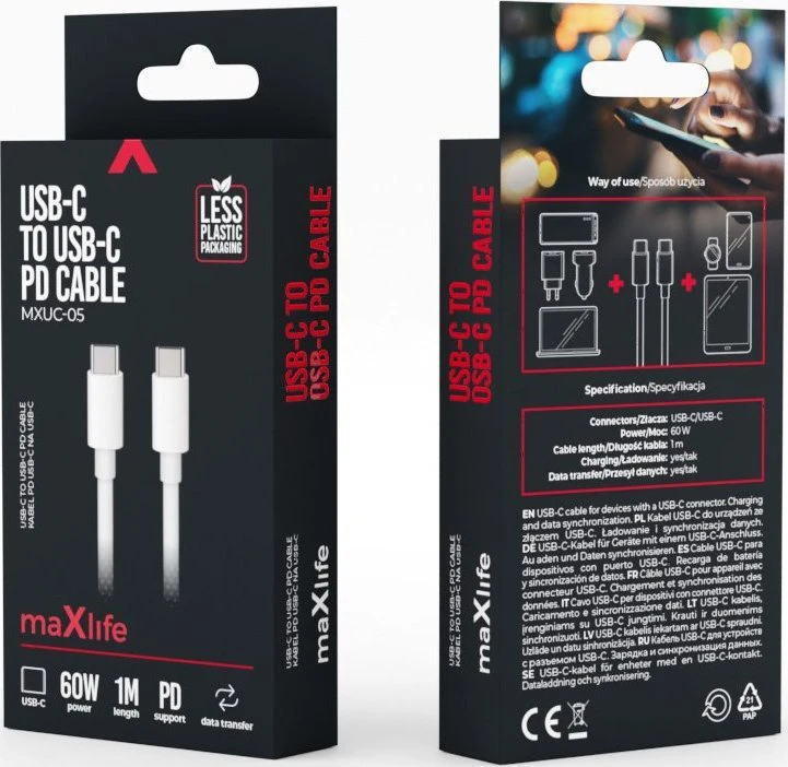 Telforceone Maxpower Type-C į Type-C Kabelis 60W 1m MXUC-05, Maxlife Baltas