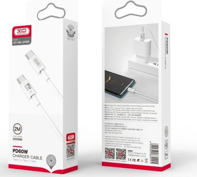 XO laidas NB-Q190B PD USB-C – USB-C 2,0m 60W baltas