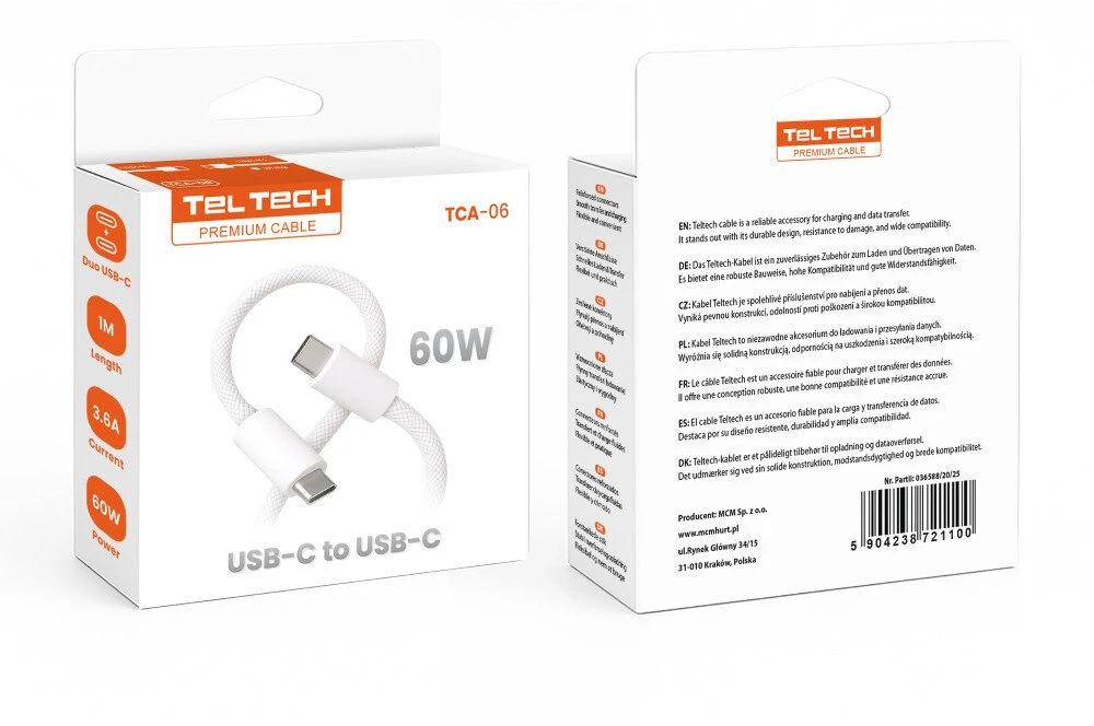 Teltech TCA-06 PD USB-C - USB-C 60W 3A 1m balta oplot