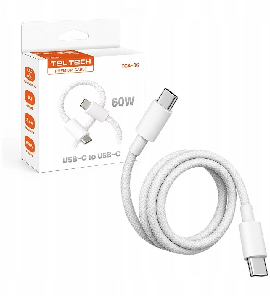 Teltech PD USB-C - USB-C 3A 60W 2m balta oplot TCA-06