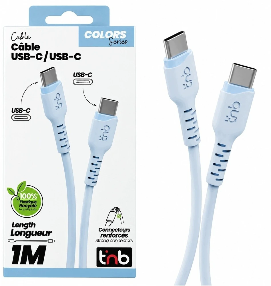 USB laidas TnB USB-C į USB-C 60 W Turbo Charge 1 m telefonui, greitas įkrovimas T''nb / Tcusbc01blu / Mėlynas (SB12248)