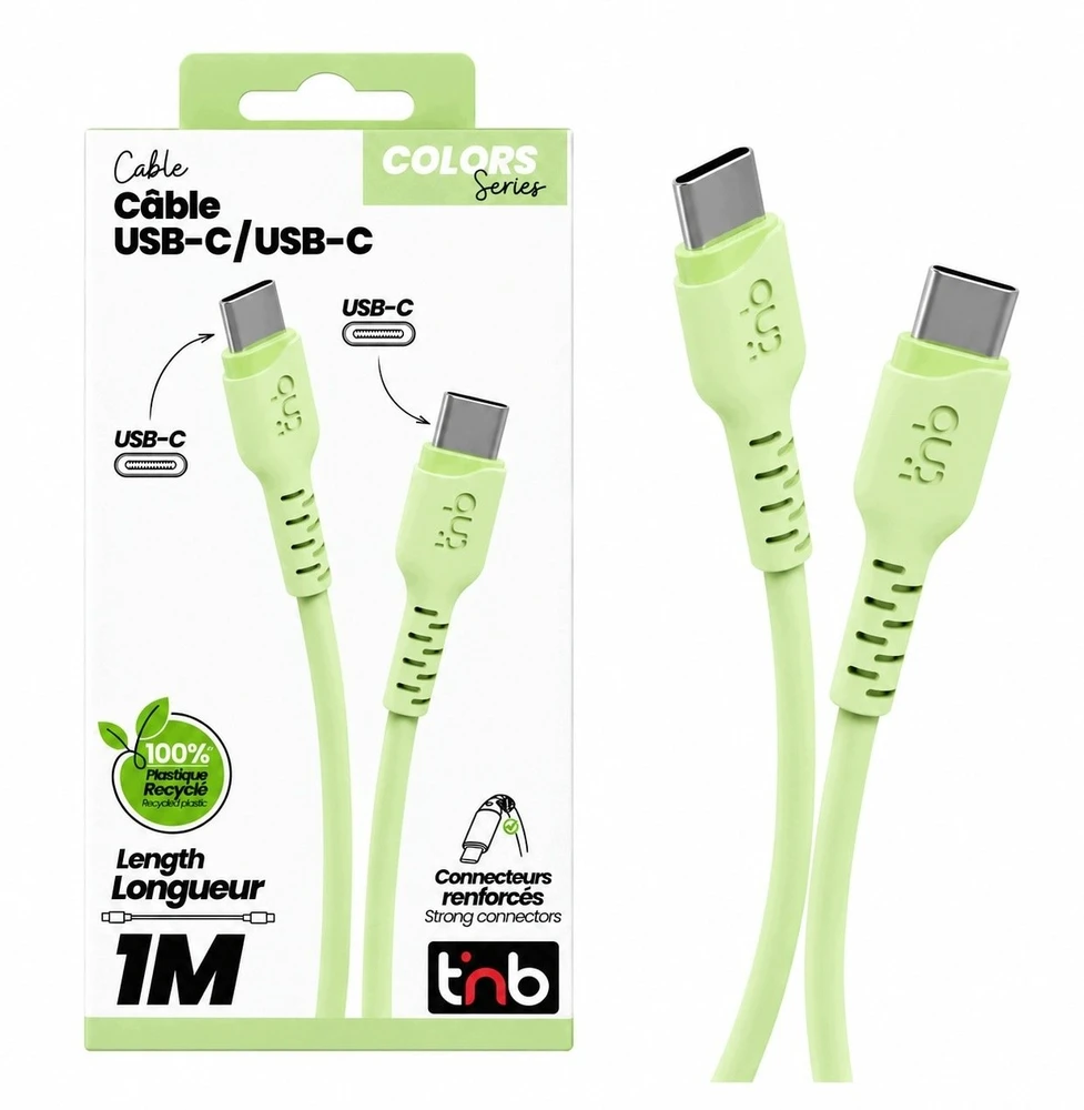 USB laidas TnB USB-C į USB-C 60 W Turbo Charge 1 m telefonui, greitas įkrovimas T''nb / Tcusbc01gr / Žalias (SB12247)
