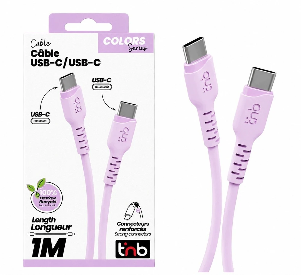 USB laidas TnB USB-C į USB-C 60 W Turbo Charge 1 m telefonui, greitas įkrovimas T''nb / Tcusbc01vl / Violetinė (SB12246)