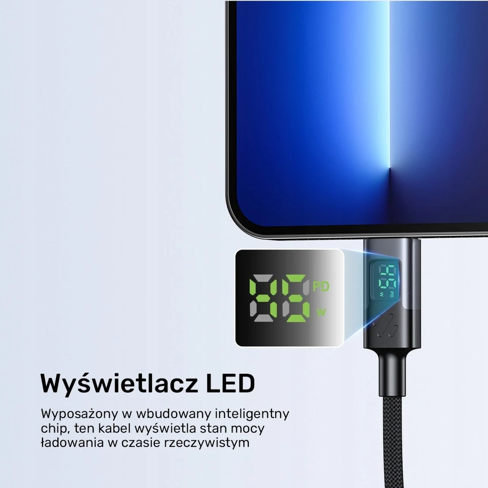 Unitek USB-C PD laidas 60W 480Mbps su ekranu 3m su juoda pynele