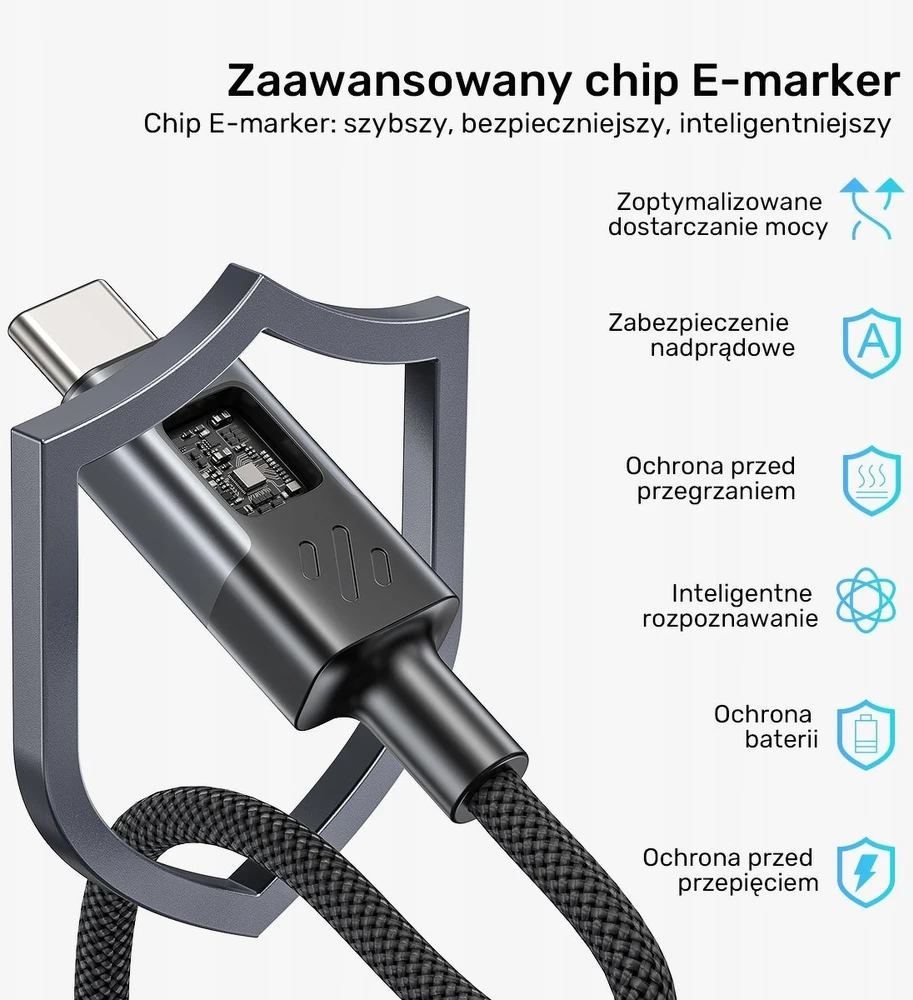 Unitek USB-C PD laidas 60W 480Mbps su ekranu 3m su juoda pynele