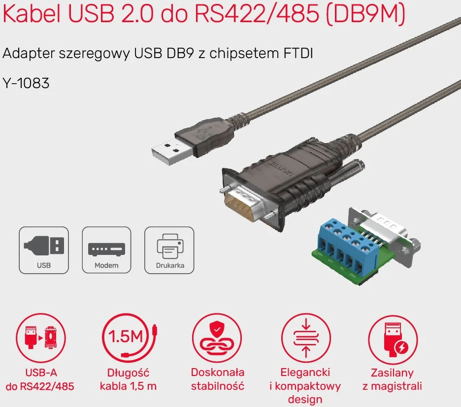 „Unitek“ keitiklis/adapteris USB 2.0 į RS422/RS485 (DB9M) su FTDI lustų rinkiniu, 1,5 m