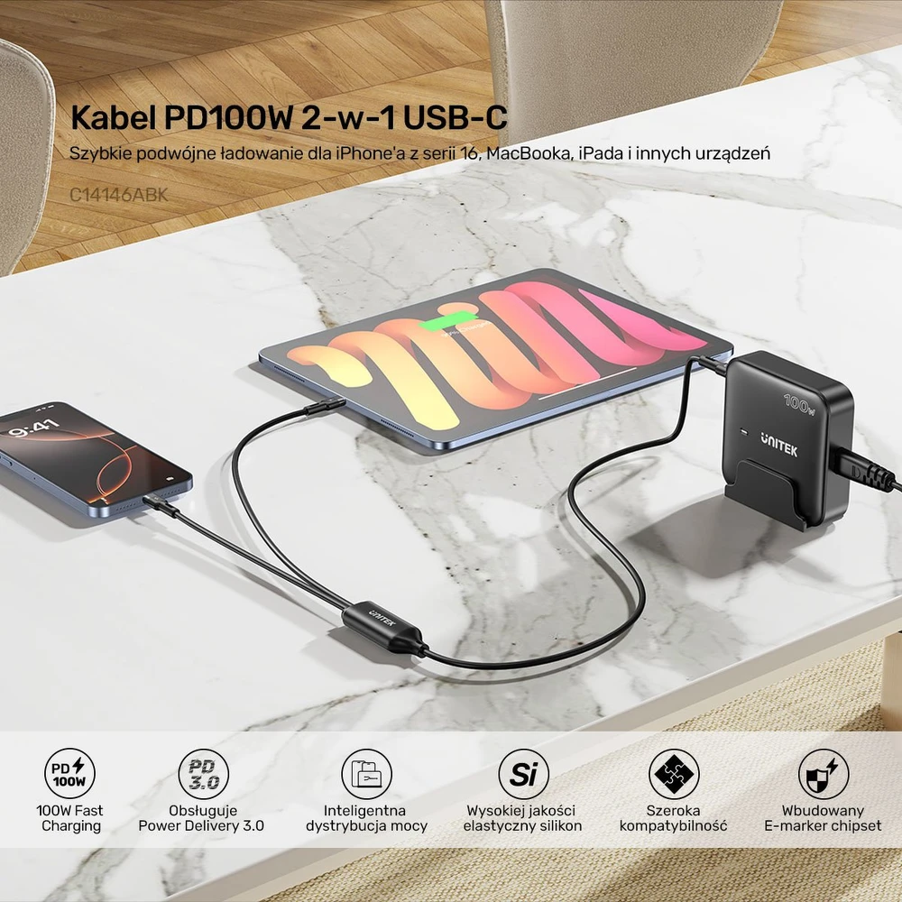 UNITEK USB-C 2-in-1 PD 100W silikoninis laidas 1,8 m