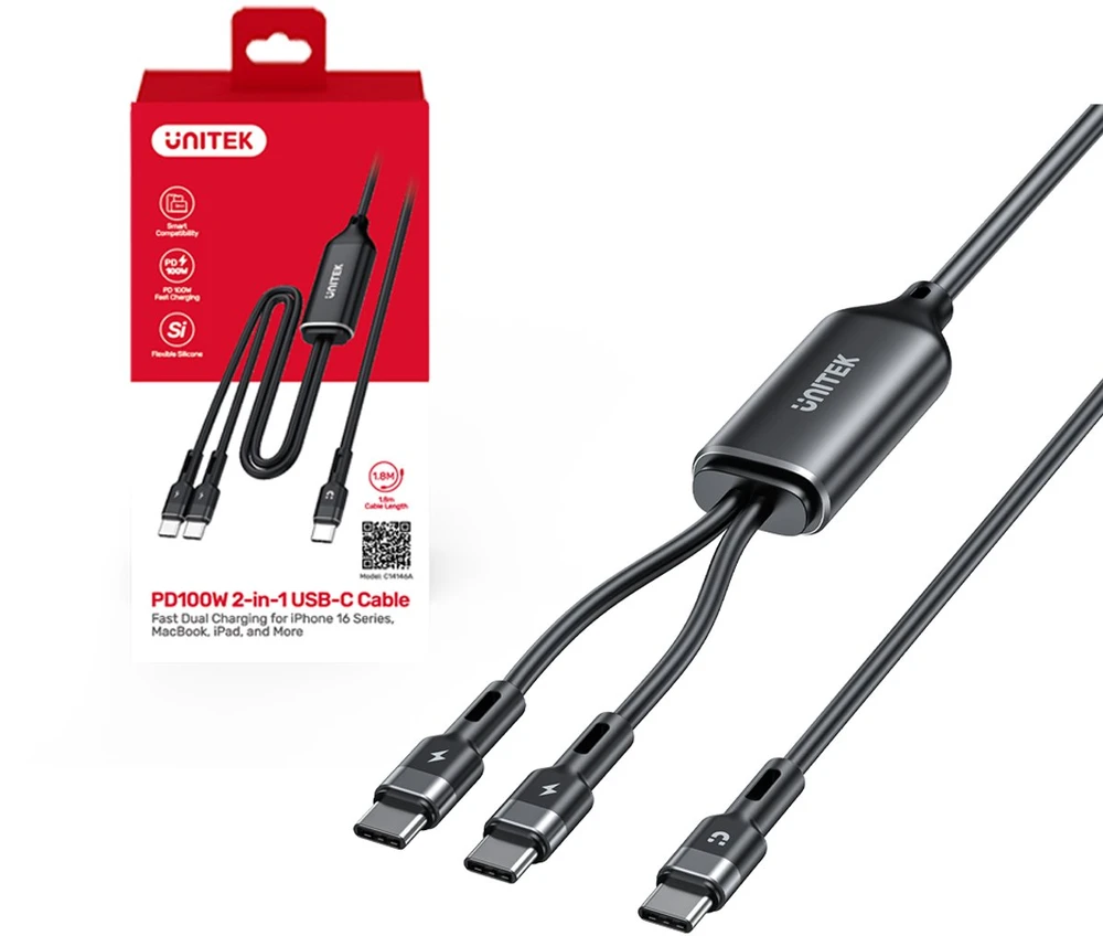 UNITEK USB-C 2-in-1 PD 100W silikoninis laidas 1,8 m