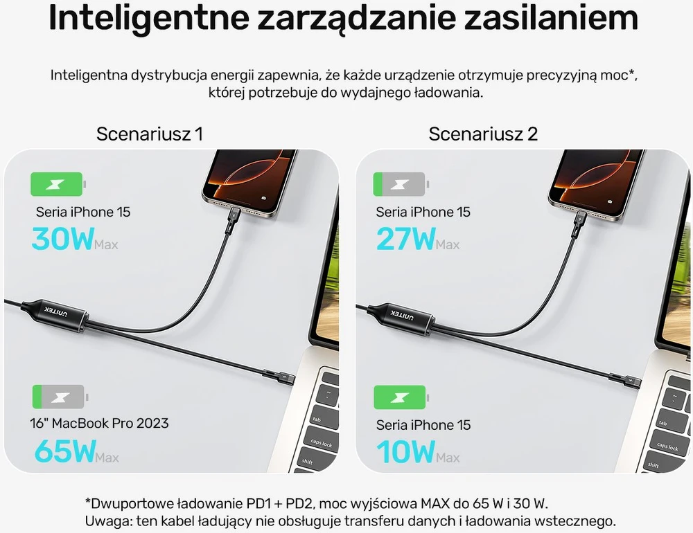 UNITEK USB-C 2-in-1 PD 100W silikoninis laidas 1,8 m