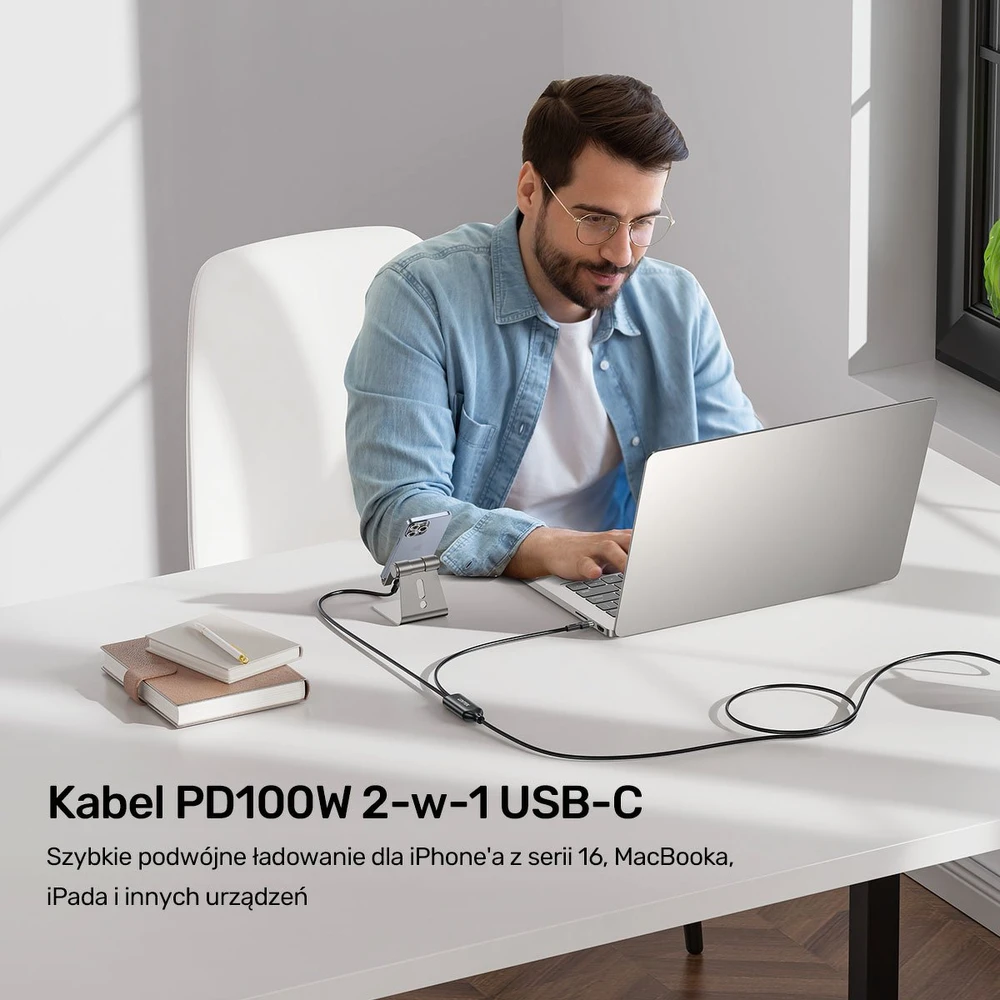 UNITEK USB-C 2-in-1 PD 100W silikoninis laidas 1,8 m