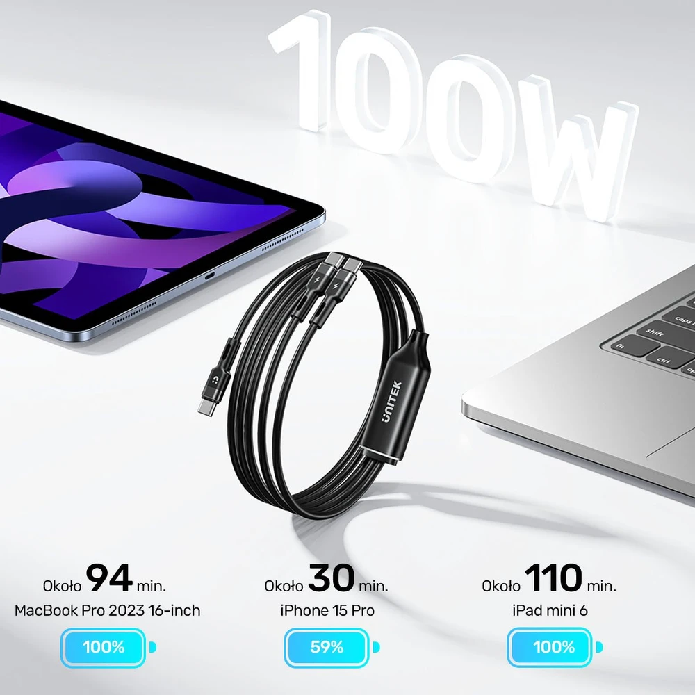 UNITEK USB-C 2-in-1 PD 100W silikoninis laidas 1,8 m