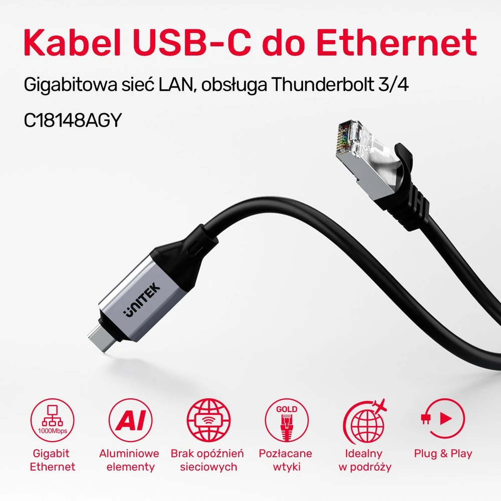 Unitek Įrenginio kabelis Ethernet USB C RJ-45 LAN, tinklo kabelis, 2 m