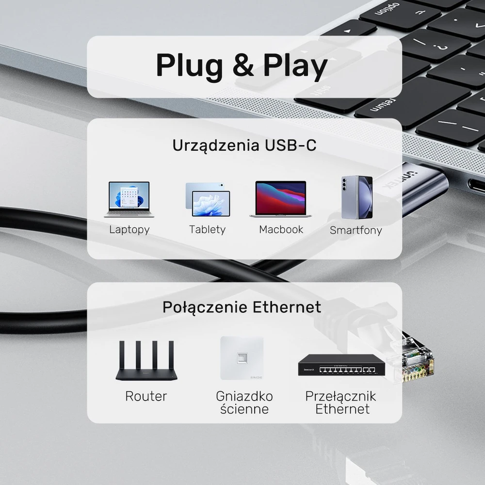 Unitek Įrenginio kabelis Ethernet USB C RJ-45 LAN, tinklo kabelis, 2 m