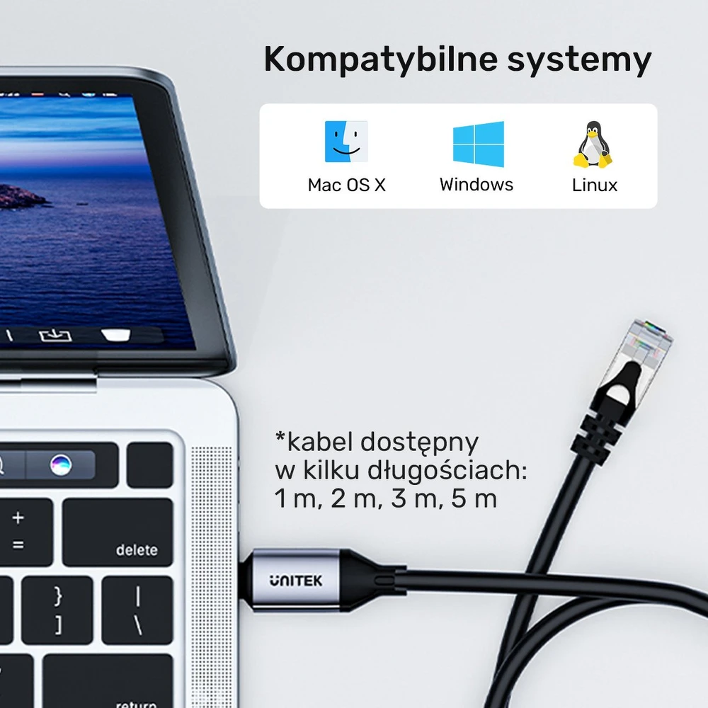 Unitek Įrenginio kabelis Ethernet USB C RJ-45 LAN, tinklo kabelis, 2 m