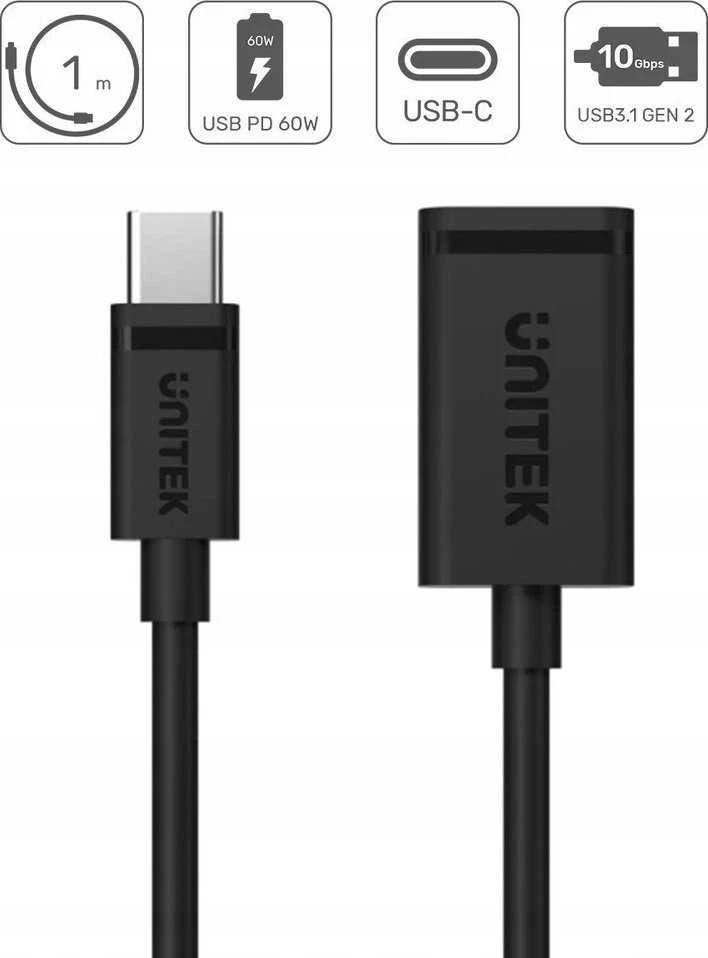 Laido adapteris Unitek (C476BK-1M) USB-C (M) – USB-A (F) 10Gbps 60 W