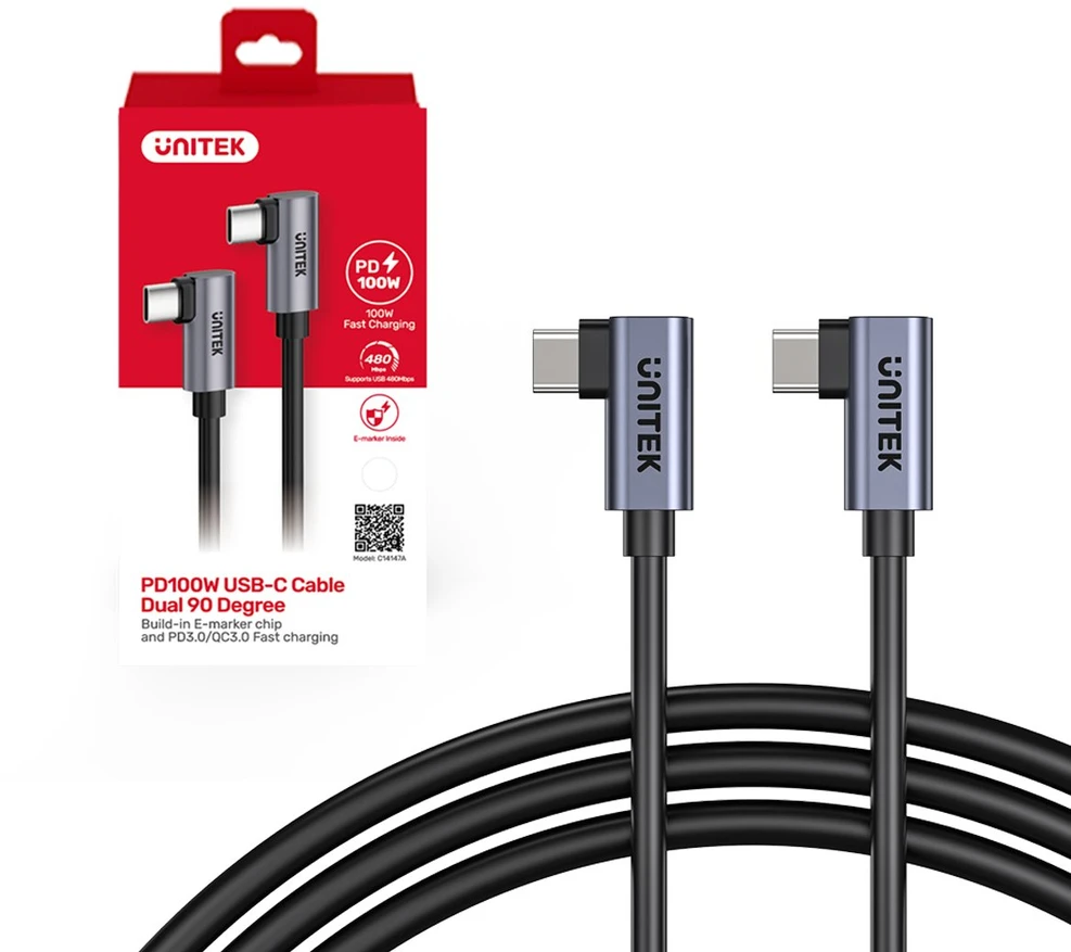 UNITEK C14147ABK01-0.5M - USB C 90°/90° PD 100W M/M 1M