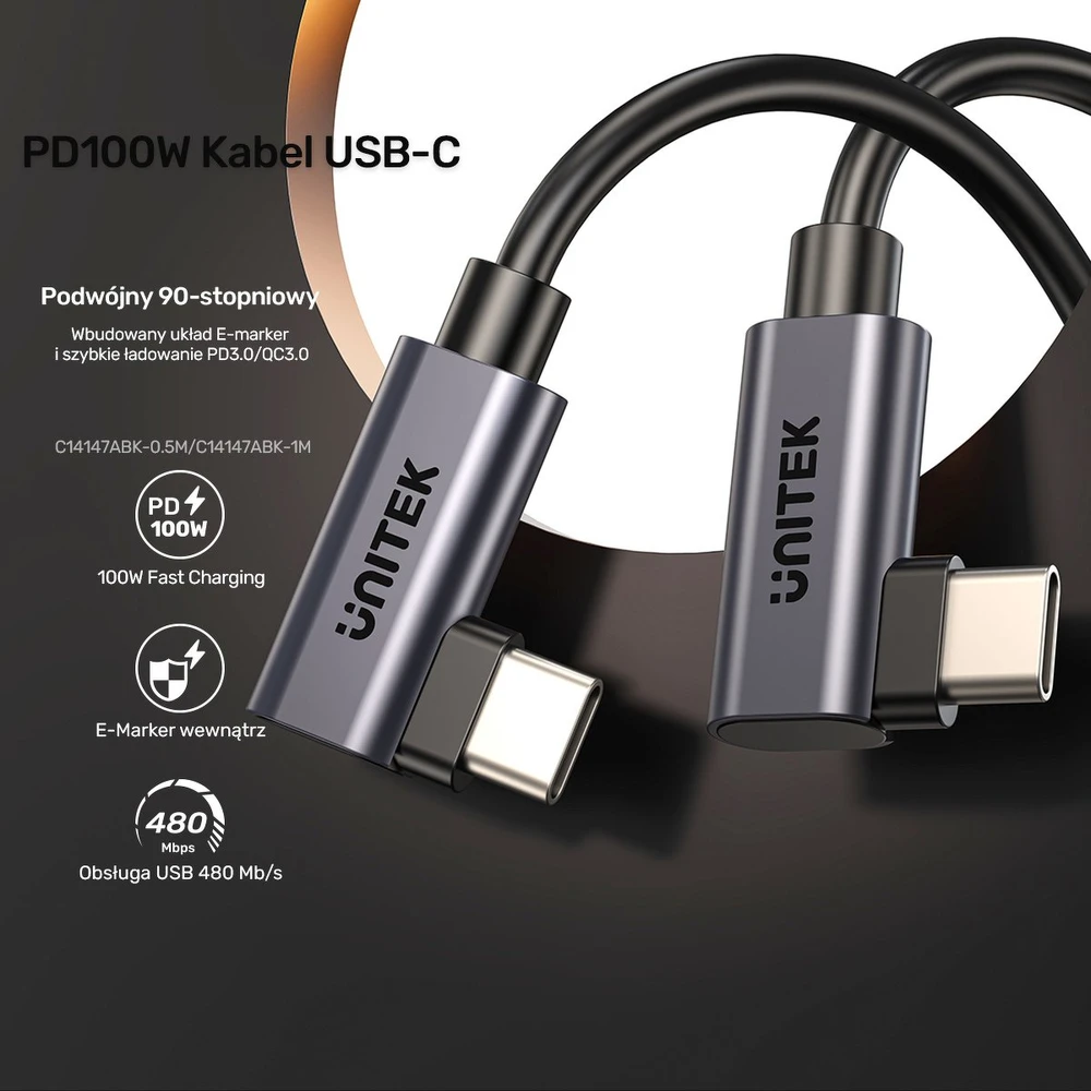 UNITEK C14147ABK01-0.5M - USB C 90°/90° PD 100W M/M 1M