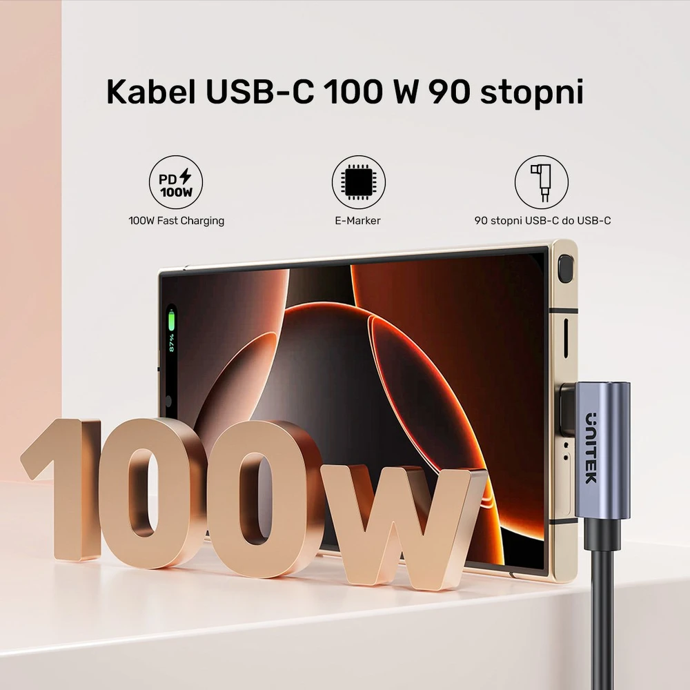 UNITEK C14147ABK01-0.5M - USB C 90°/90° PD 100W M/M 1M