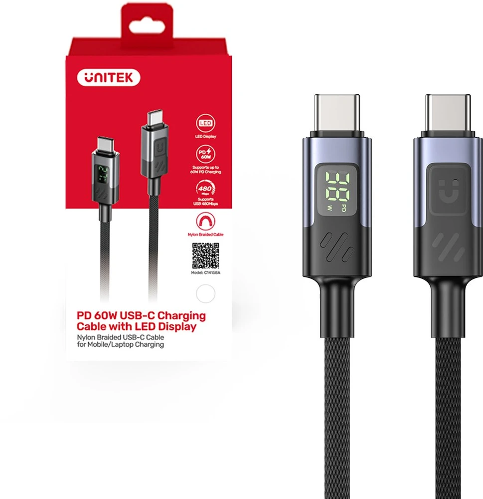 Unitek USB-C PD 60W 480Mbps kabelis su ekranu 2m su juoda pinta viela
