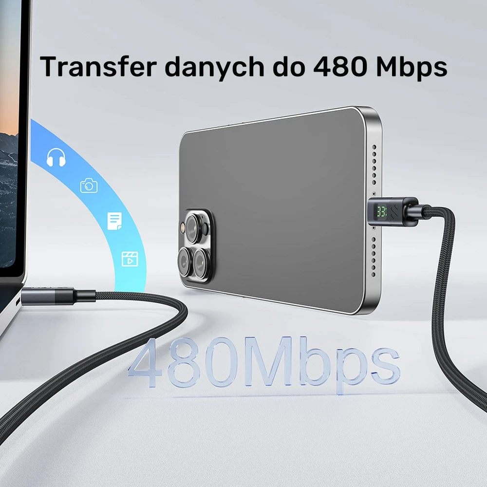 Unitek USB-C PD 60W 480Mbps kabelis su ekranu 2m su juoda pinta viela