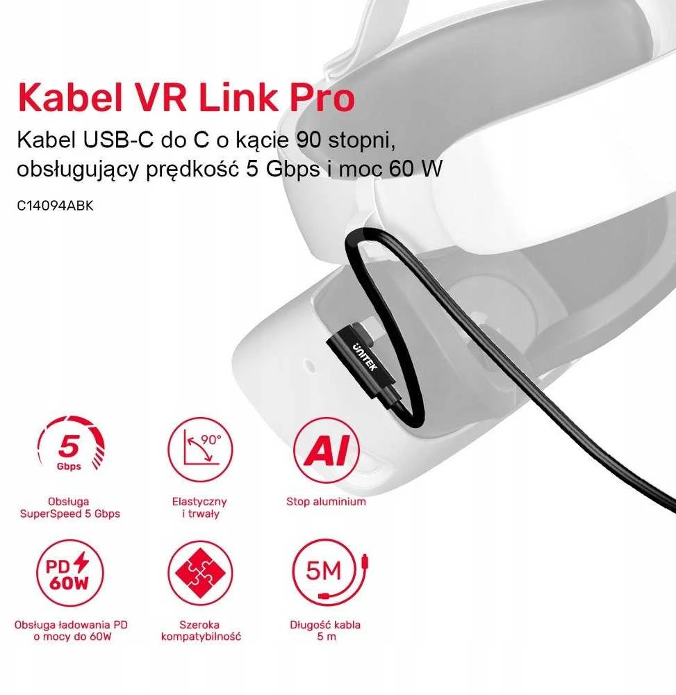 „Unitek VR Link Pro“ USB-C–C laidas palaiko 5 Gps ir 60 W galią