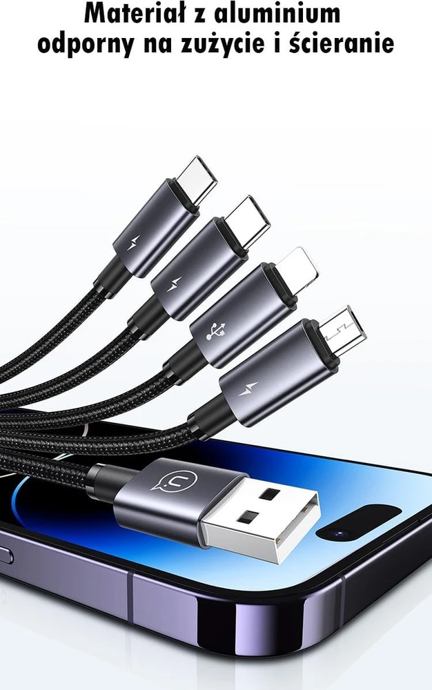 USAMS kabelis 4in1 2xUSB-C/Lightning/MicroUSB 15W 1.2m aliuminio lydinio duomenų kabelis Sufeng serijos SJ739US