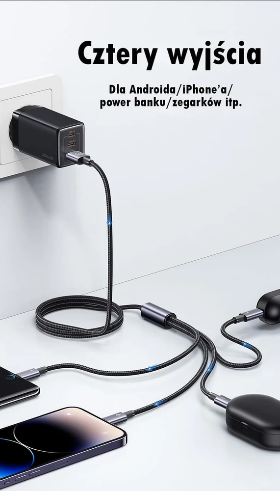 USAMS kabelis 4in1 2xUSB-C/Lightning/MicroUSB 15W 1.2m aliuminio lydinio duomenų kabelis Sufeng serijos SJ739US