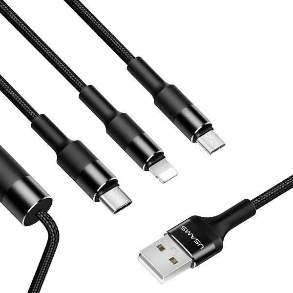 USAMS Braided U5 3-in-1 Kabelis 1.5m 2A juodos spalvos (Lightning/microUSB/USB-C) SJ2193IN101 (US-SJ219)