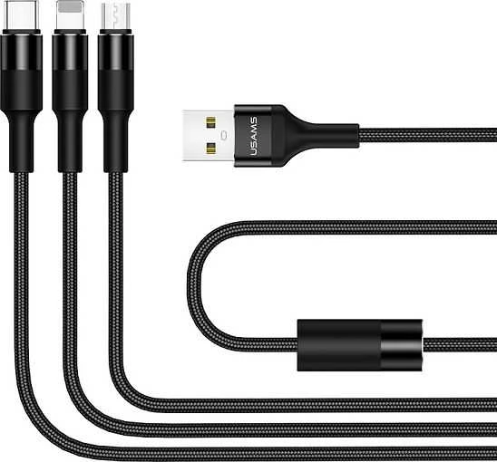USAMS Braided U5 3-in-1 Kabelis 1.5m 2A juodos spalvos (Lightning/microUSB/USB-C) SJ2193IN101 (US-SJ219)
